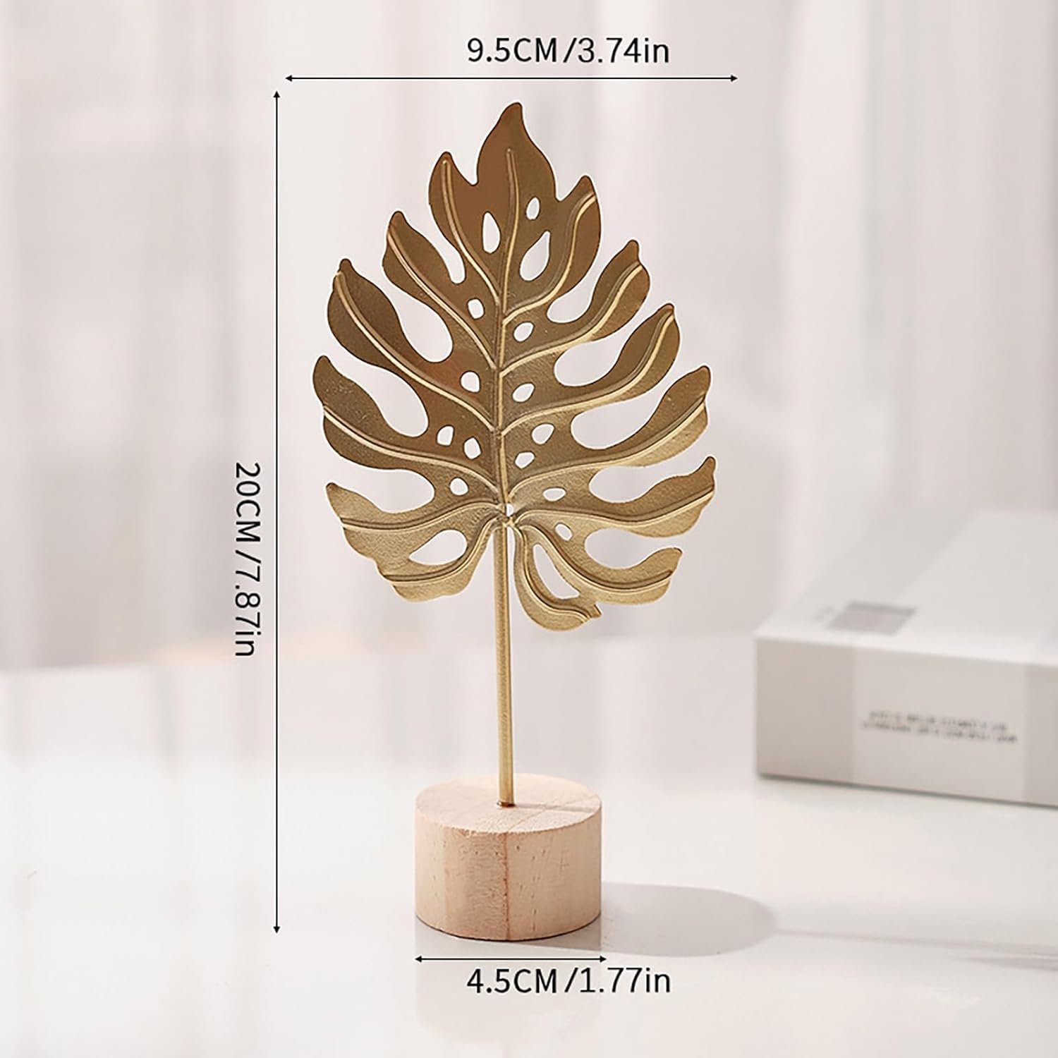 Elegant Metal Leaf Statue with Wood Base - Image 2