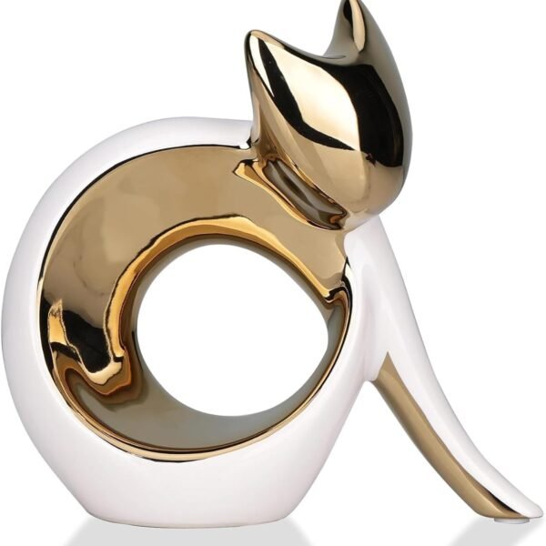 White Gold Minimalist Cat Ceramic Sculpture
