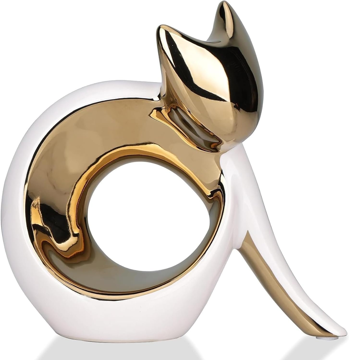 White Gold Minimalist Cat Ceramic Sculpture