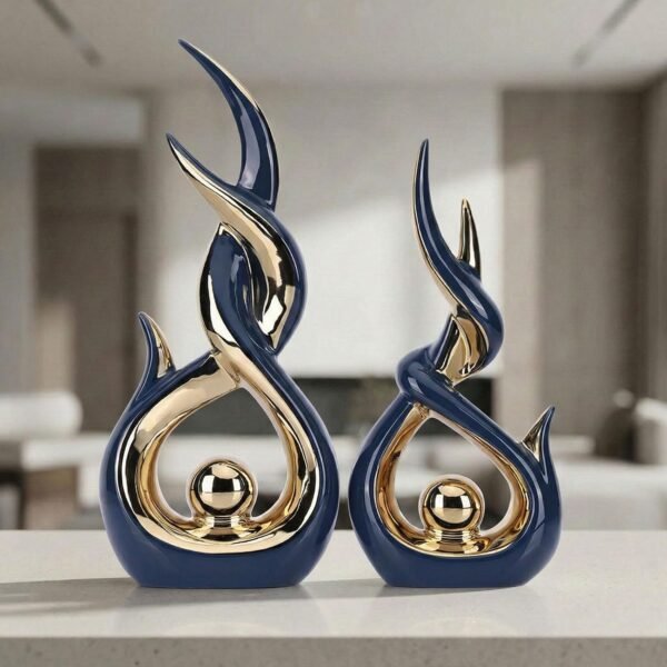 Blue Gold Abstract Ceramic Sculpture Set of 2