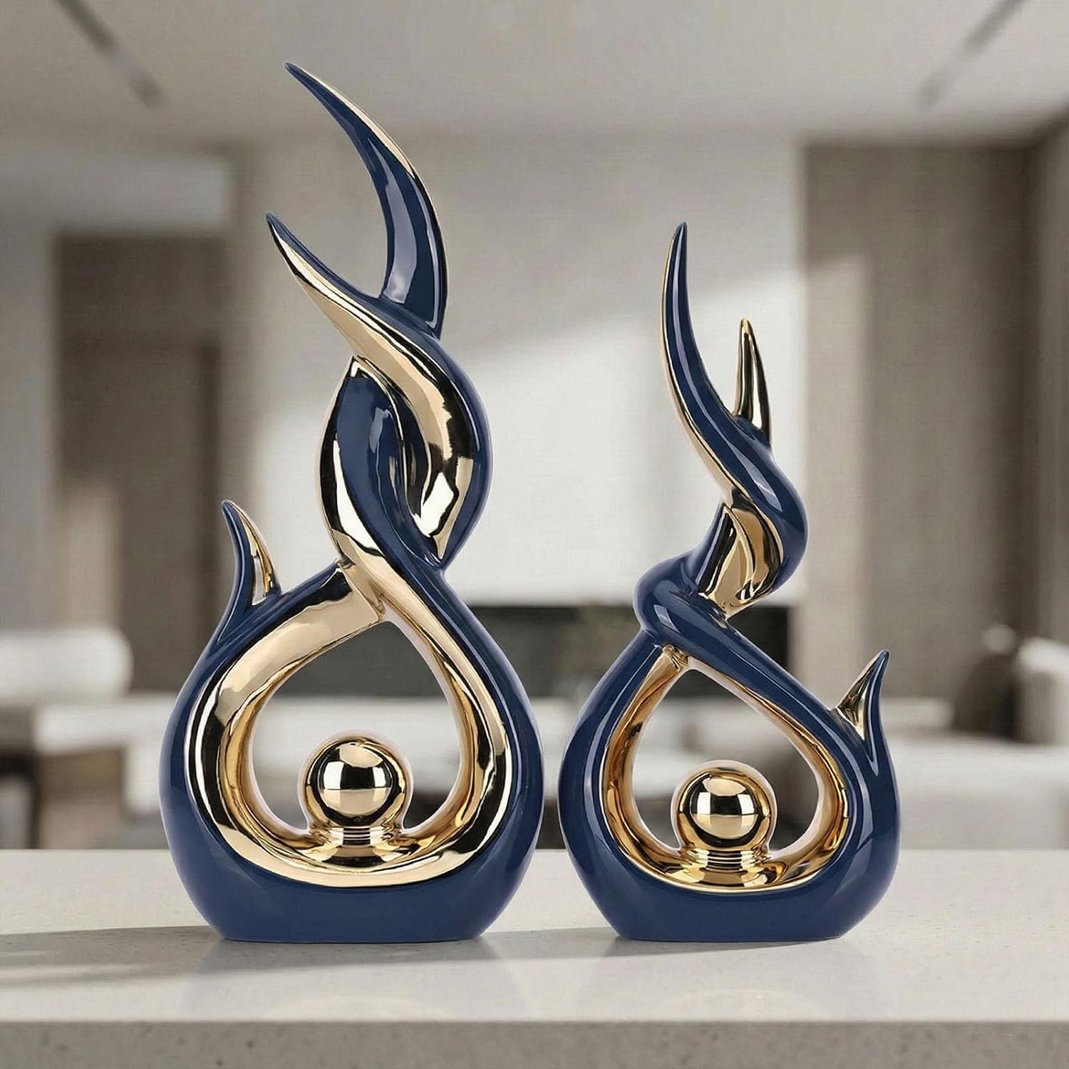 Blue Gold Abstract Ceramic Sculpture Set of 2