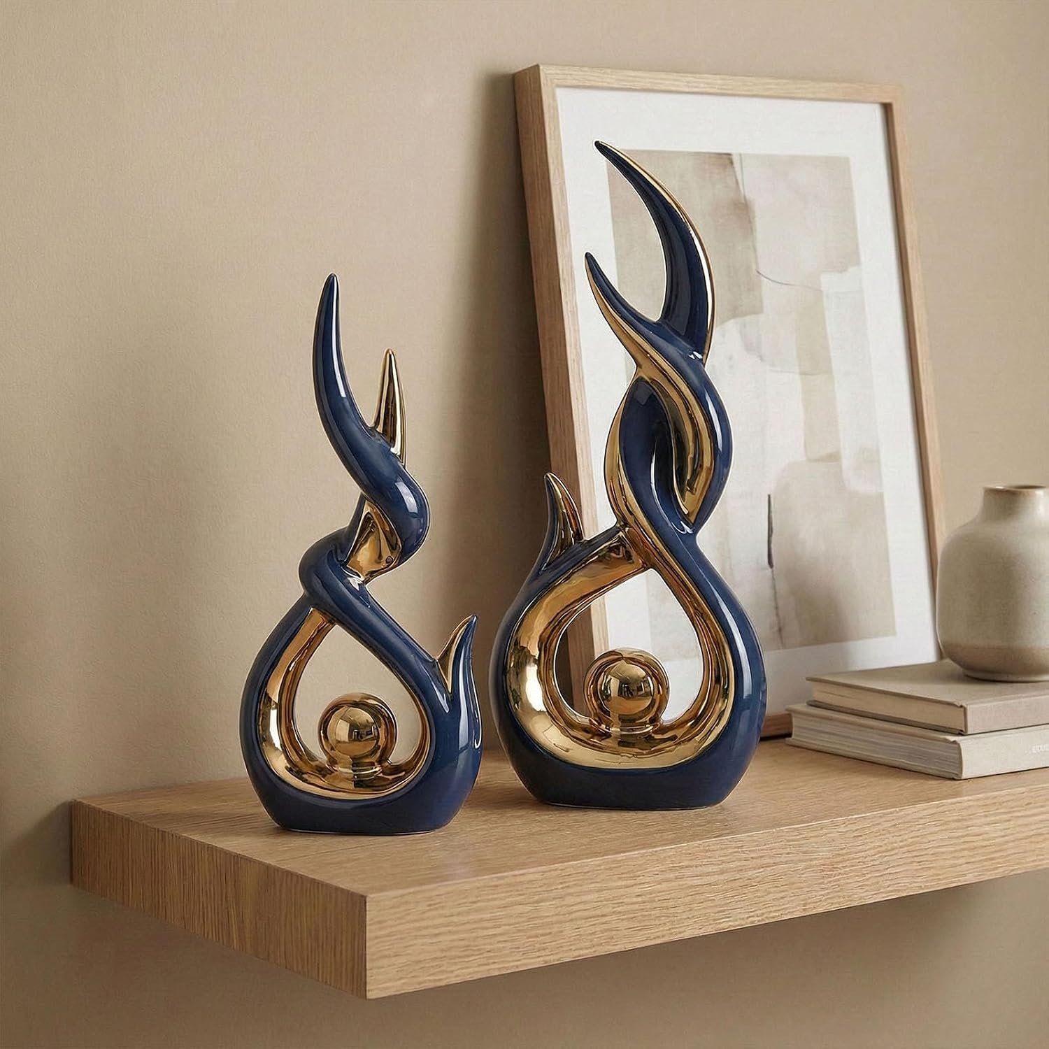 Blue Gold Abstract Ceramic Sculpture Set of 2 - Image 2