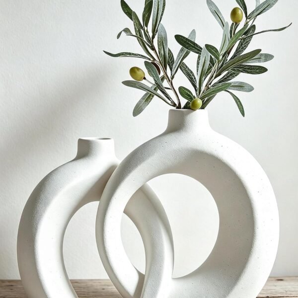 Matte Cream White Ceramic Donut Vase Set